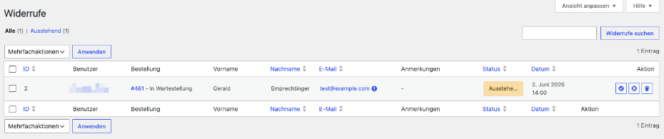 German Market Widerrufe Backend