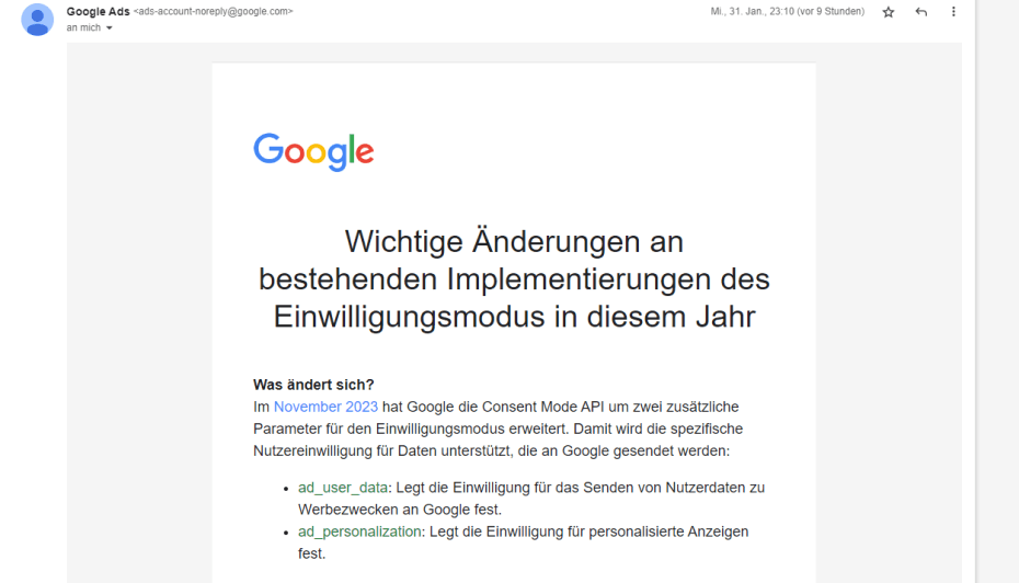 Google Consent Mode API E-Mail von Google