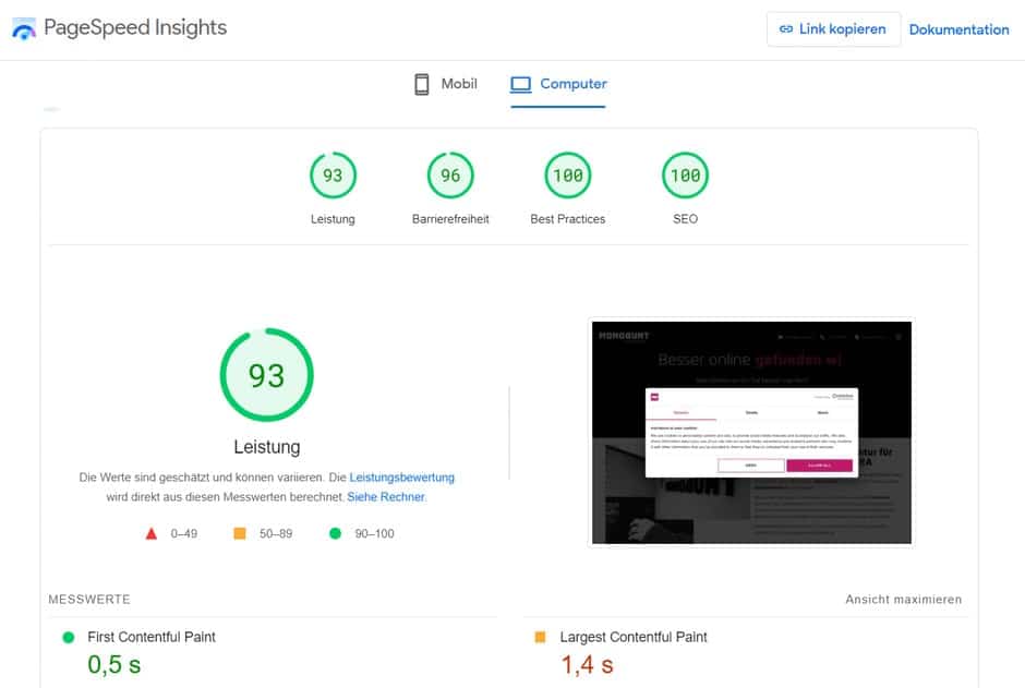 Pagespeed Insights Beispiel