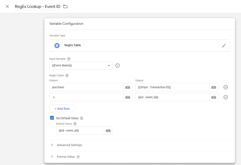 sGTM RegEx Table Lookup Event ID