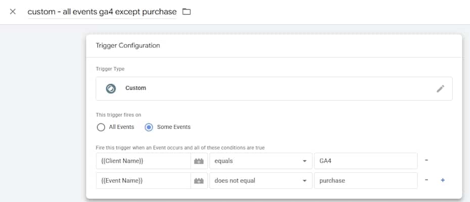 sGTM Custom Trigger - All GA4 Events except purchase