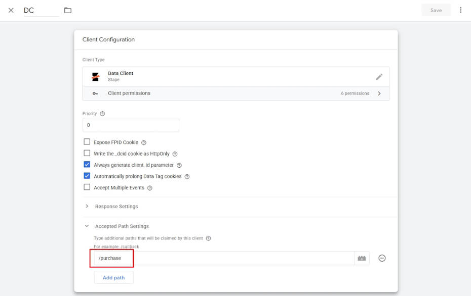 Screenshot eines Data Clients in Stape mit dem Webhook Path /purchase