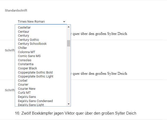 Google Chrome Standardschriftarten