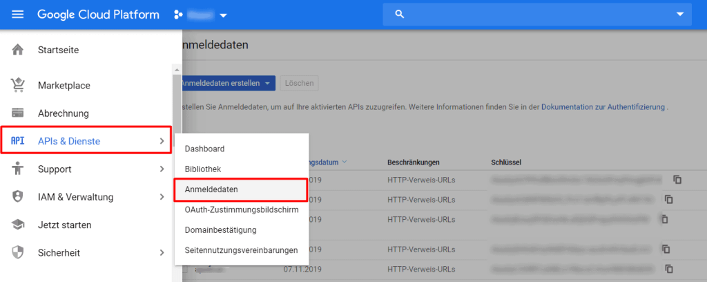 APIs & Dienste, Anmeldedaten