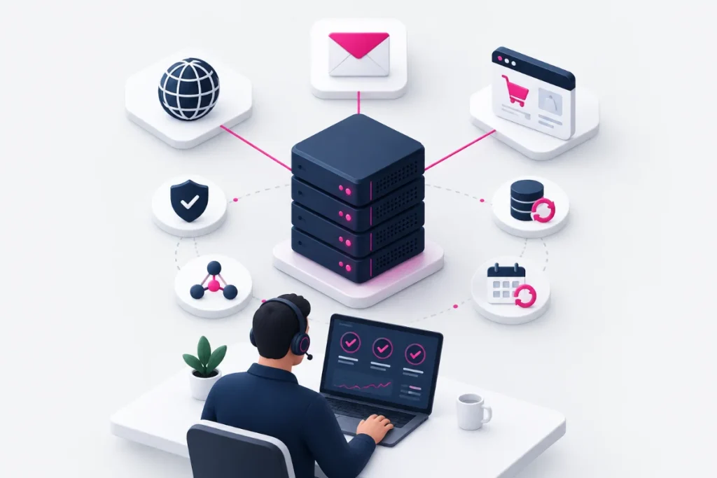 Illustration Managed Services: Server verbunden mit Domain, E-Mail und Onlineshop, laufend betreut mit Sicherheit, Backups und Monitoring