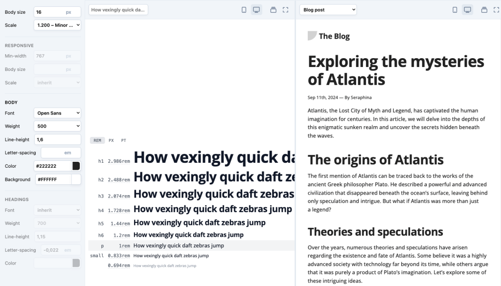 Beispiel von typescale.com für Schriftgrößen auf Websites