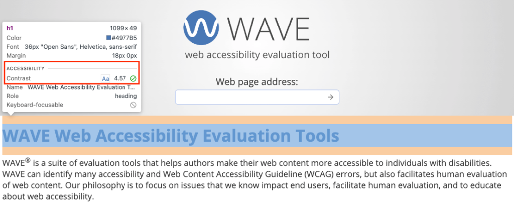 Seite der WAVE Tools als Beispiel für den Konstrast beim Check mit den Dev-Tools